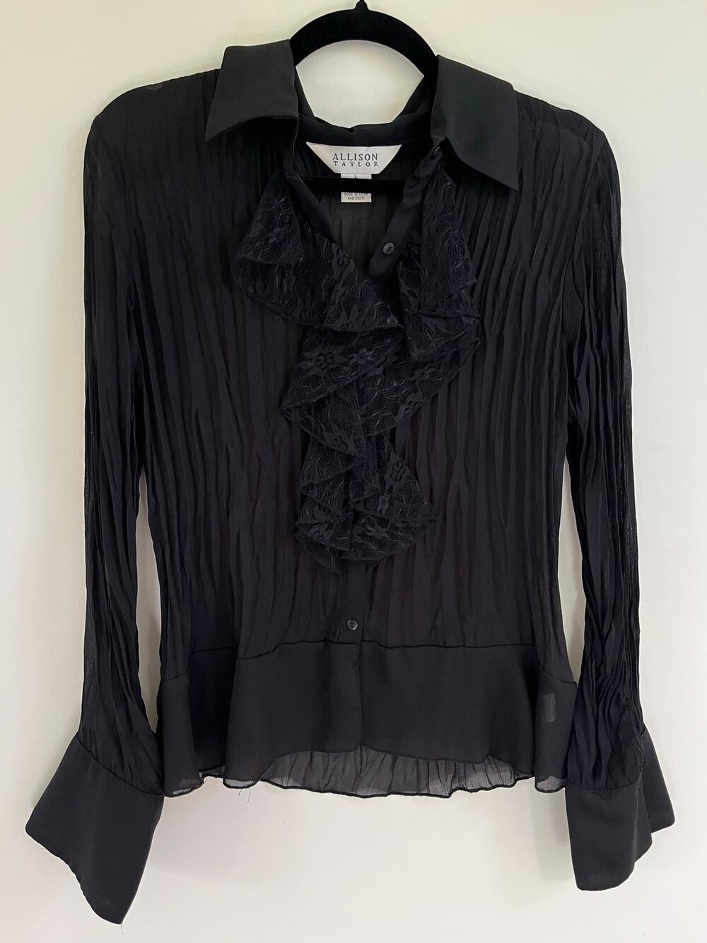 VTG Allison Taylor Black Pleated Ruffle Blouse Gothic Y2K 90s Sheer Shirt L